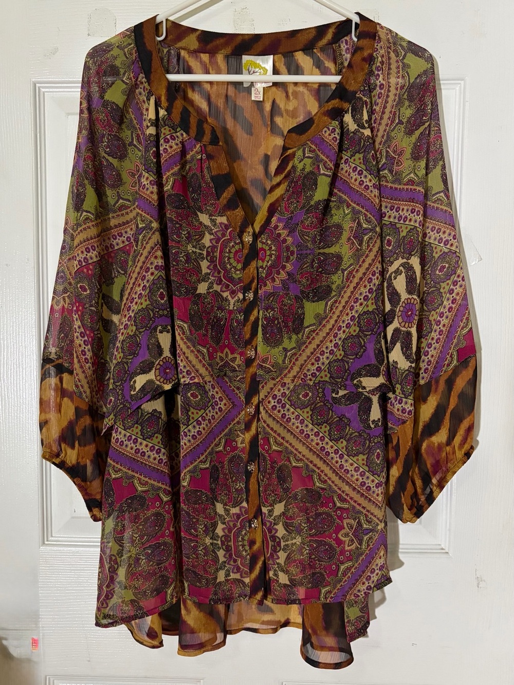 Fig & flower semi sheer 3/4 Sleeves button Up Colorful Bohemian Blouse Sz 2X